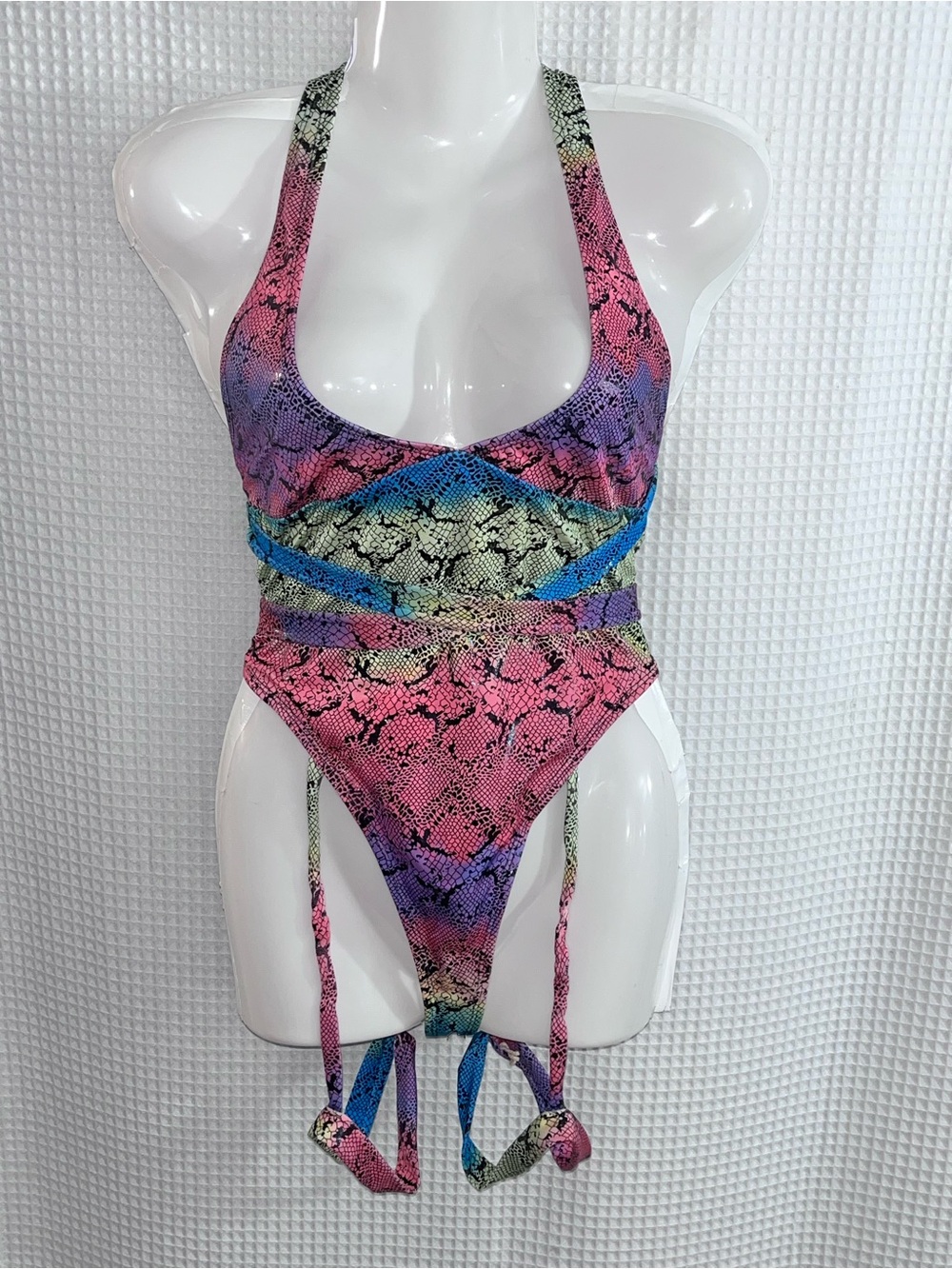 Vibrant Multicolor Snakeskin Halter One-Piece (no size) see measurements